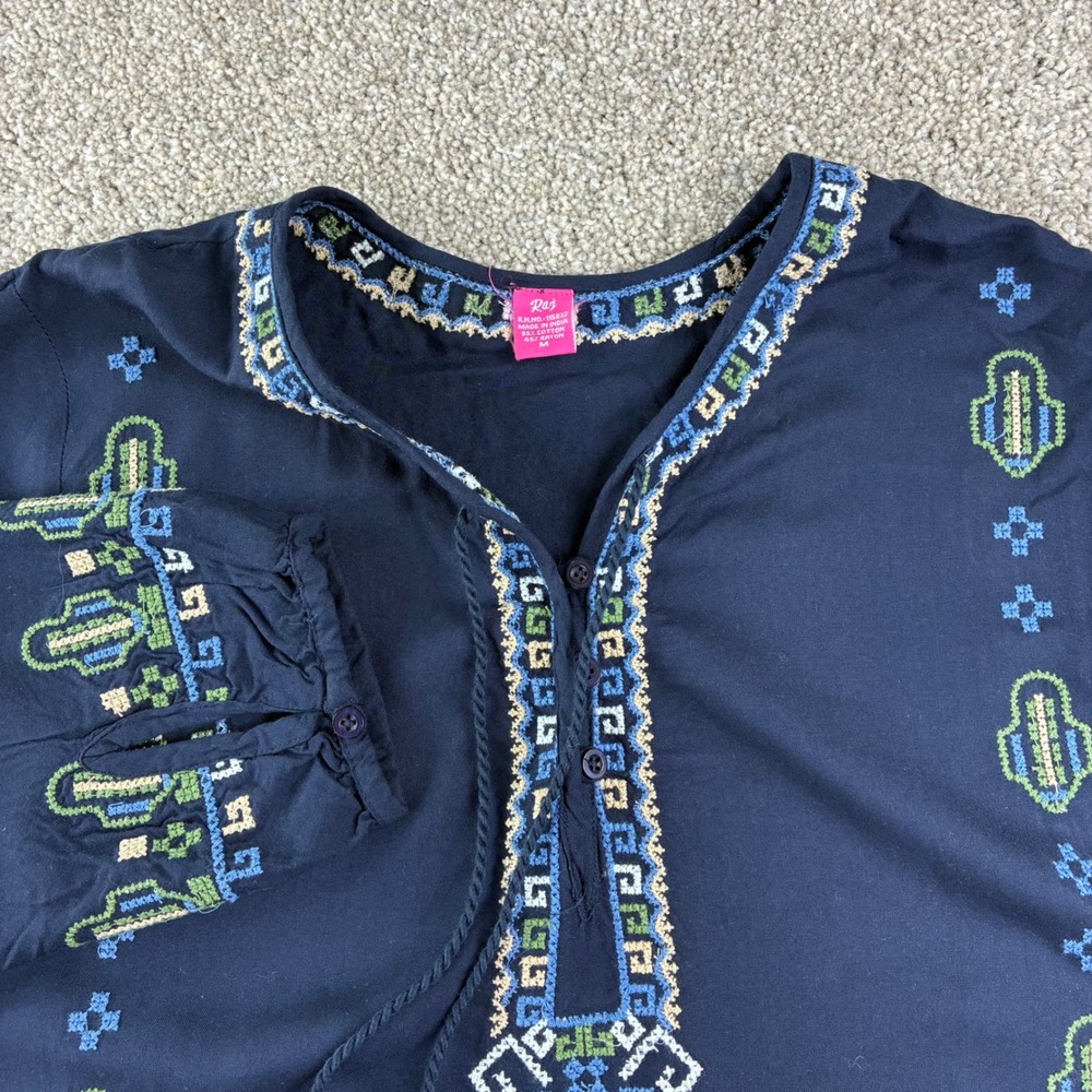Raj Womens Navy Blue Embroidered Boho Tunic Dress Long Sleeve Tassel Size M Folk